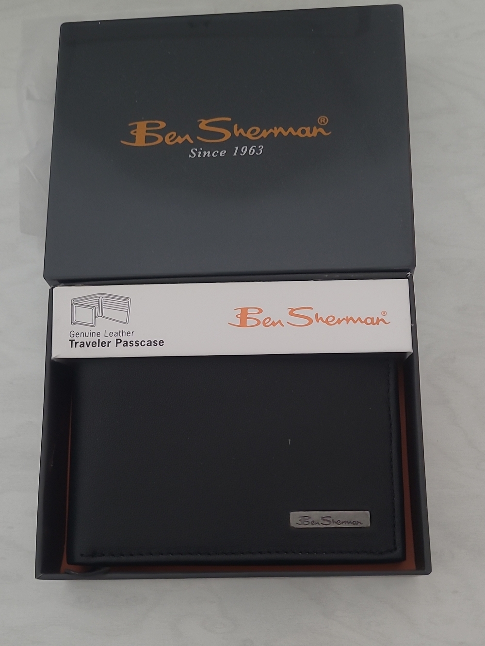 Ben Sherman Black Slim Genuine Leather  Traveler Passcase with Silver Logo Plate